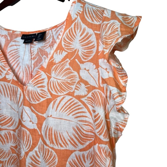 TAHARI 100% Linen Orange Tropical Leaf Dress Size Large Coastal Flutter Sleeve - Picture 11 of 11